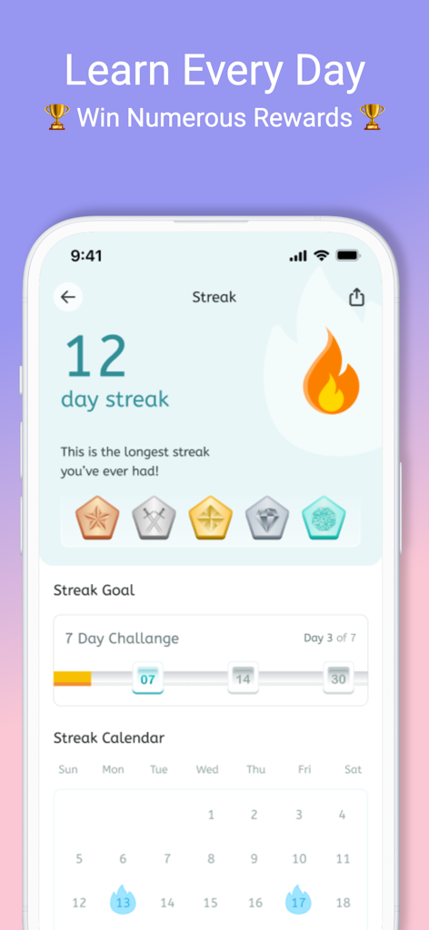 Interfaz de racha de la aplicación Taleek que muestra una racha de aprendizaje de 12 días y recompensas diarias