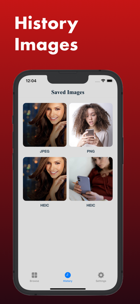 HEIC to JPEG : image converter - Schermata cronologia dell'app convertitore di immagini HEIC in JPEG che mostra una griglia di immagini recentemente convertite e salvate nei formati JPEG, PNG e HEIC