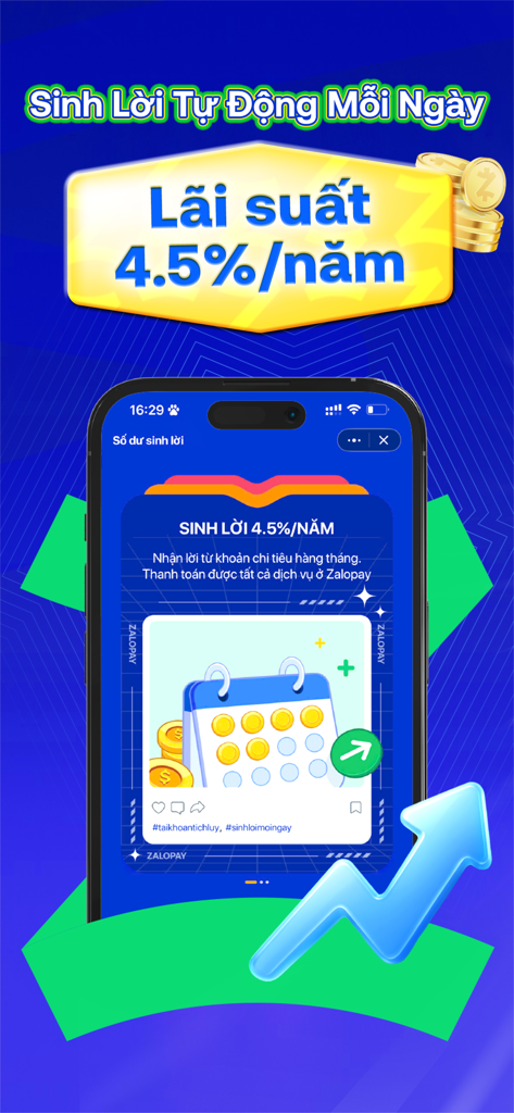 Zalopay mobile app interface showcasing a 4.5 percent annual interest rate on savings.
