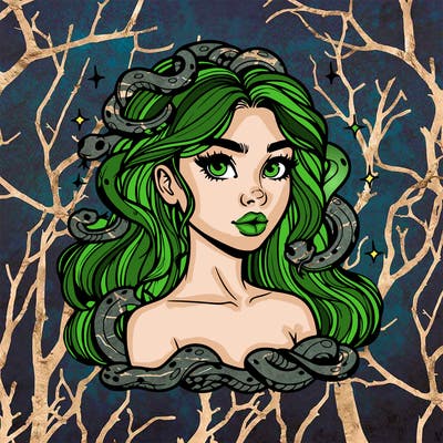 realistic girl with snakes as hair