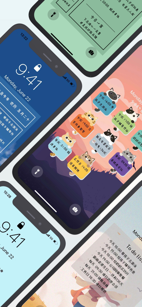 A display of several aesthetic iPhone lock screens with cat-themed to-do lists and colorful backgrounds