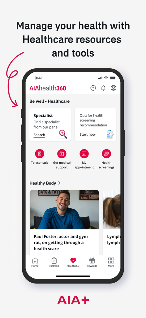 Interfaz de la aplicación AIA Plus Singapur con recursos de atención médica Health360 y búsqueda de especialistas.