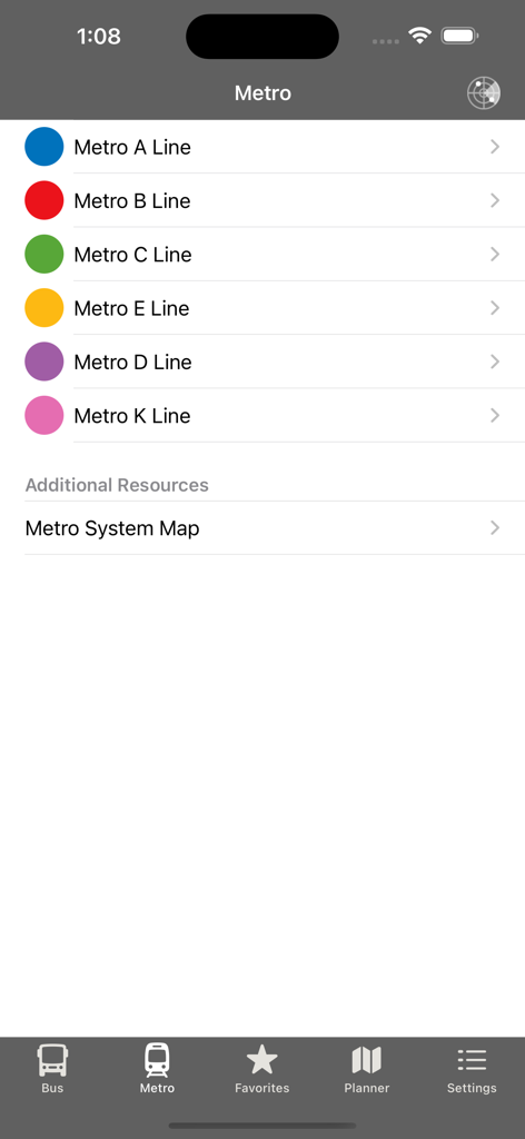 LA Metro and Bus app screen displaying a list of color coded Metro Rail lines and system map link