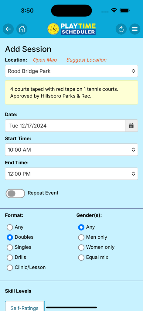 Pickleball session scheduling form within the app featuring date time and court format selection