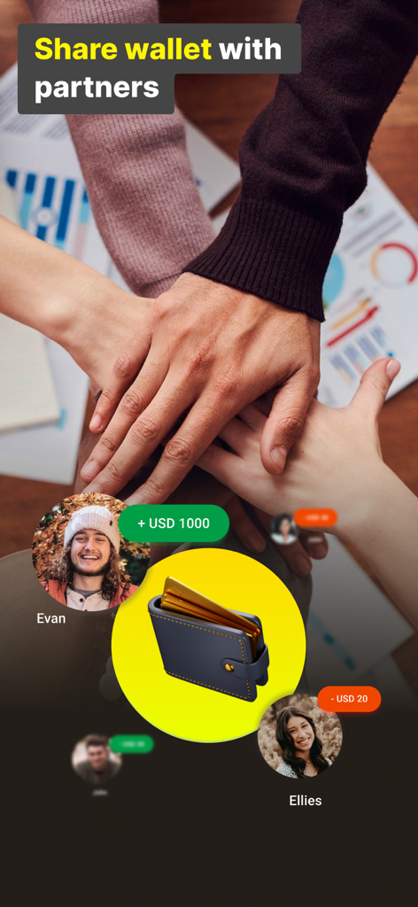 Interfaz que muestra la función de cartera compartida para rastrear gastos con socios en la aplicación Money Tracker