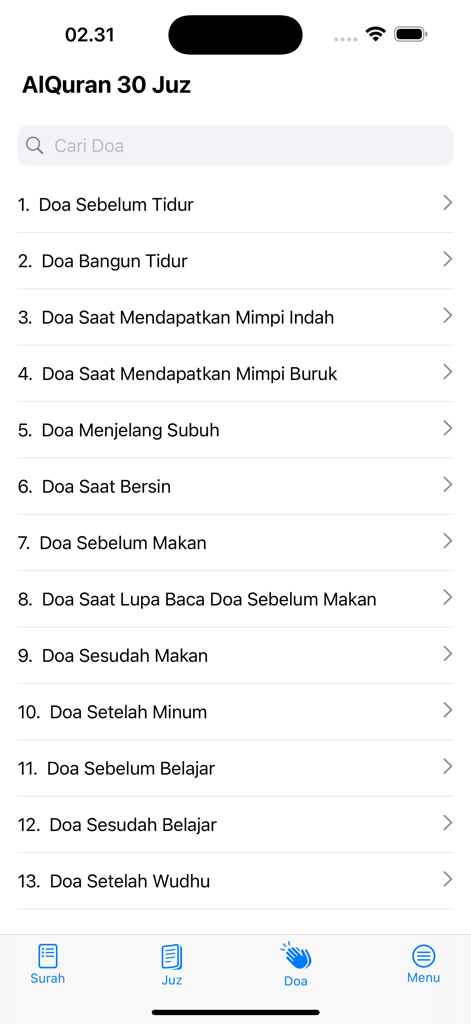 AlQuran 30 Juz Tanpa Internet - A list of daily Islamic prayers in Indonesian within the AlQuran 30 Juz mobile app.