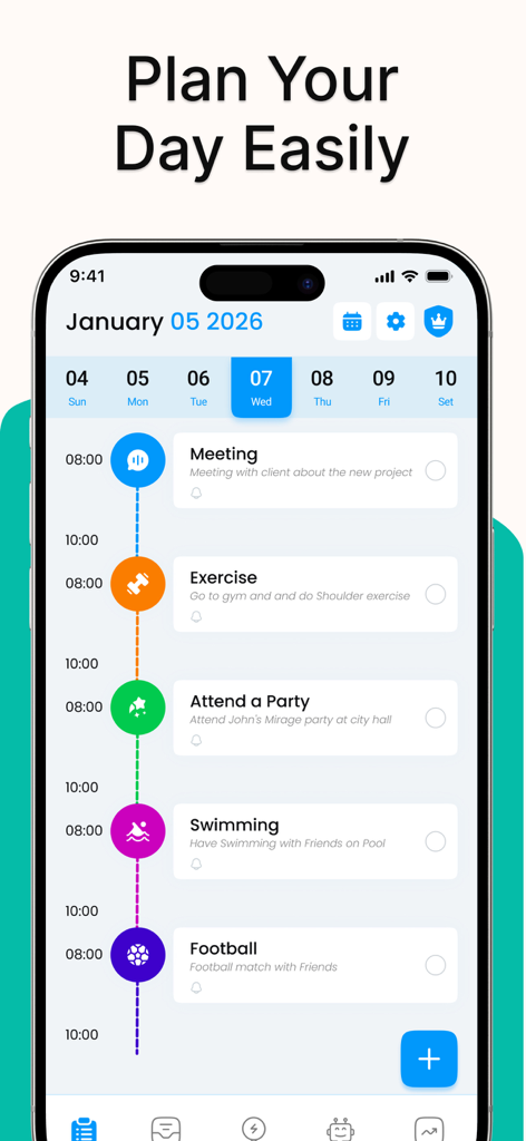 Daily Routine Planner Schedule - Captura de pantalla de la aplicación móvil de un planificador de rutina diaria que muestra un horario de time-blocking con tareas y actividades.