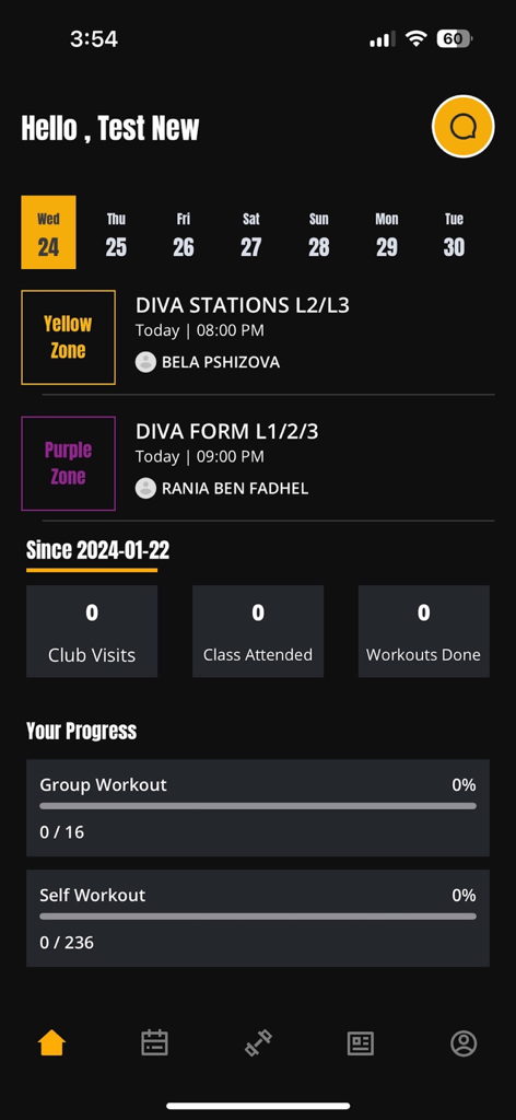 The Fitness Map app dashboard showing a daily schedule for gym classes and workout progress metrics.