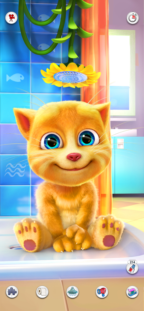 Talking Ginger - Ginger el gatito naranja sentado en un baño con íconos interactivos de higiene para niños