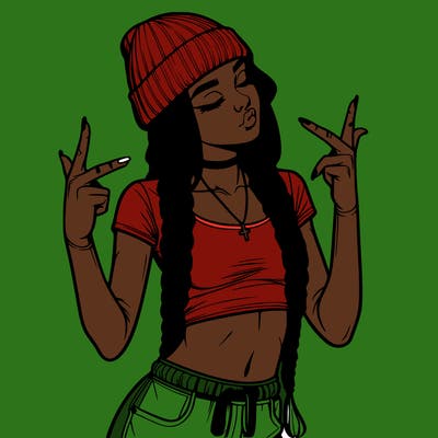 realistic teenage girl with braids and a beanie and crop top doing 🫶🏼