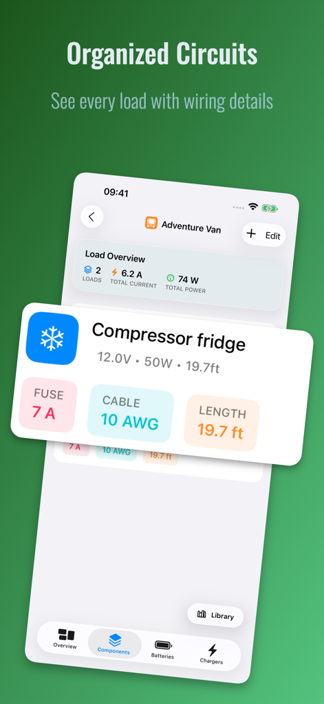 Interface showing wiring details and AWG cable sizing for a van electrical system.