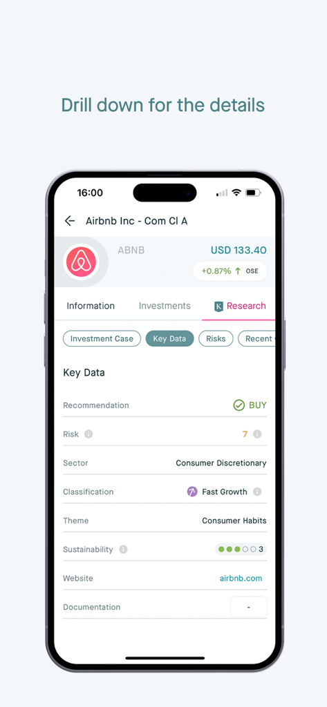 Una pantalla de la aplicación móvil de Killik and Co que muestra investigación detallada y datos clave para una inversión en acciones de Airbnb.