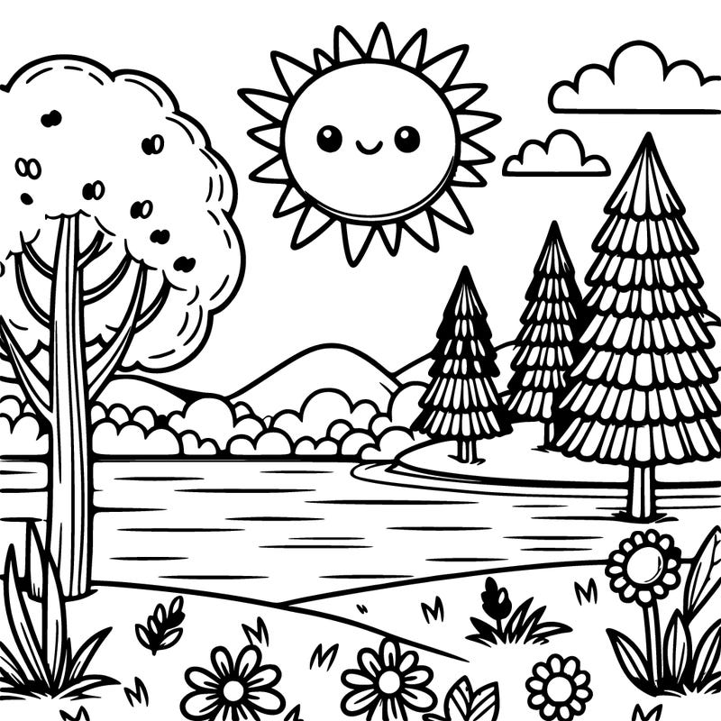 a beautiful lake with a big bright sun and some trees and some flowers