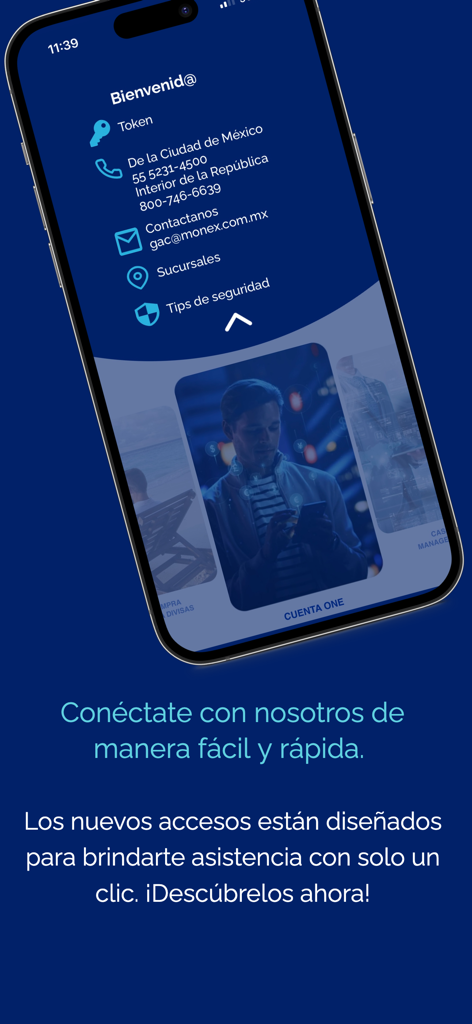 Monex Móvil - Pantalla de contacto de la aplicación Monex Movil que muestra números de teléfono de soporte, correo electrónico e información de sucursales