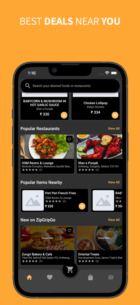 ZipGripGo food delivery app interface showing popular restaurants and daily deals