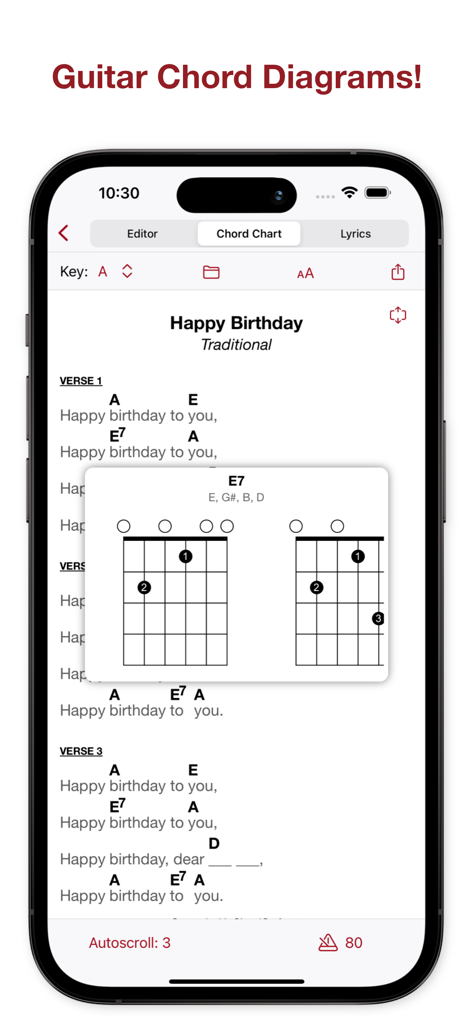 Chord Craft app displaying guitar chord diagrams for an E7 chord on a song chart