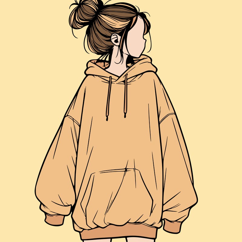 realistic girl with a oversized sweatshirt on and a bun