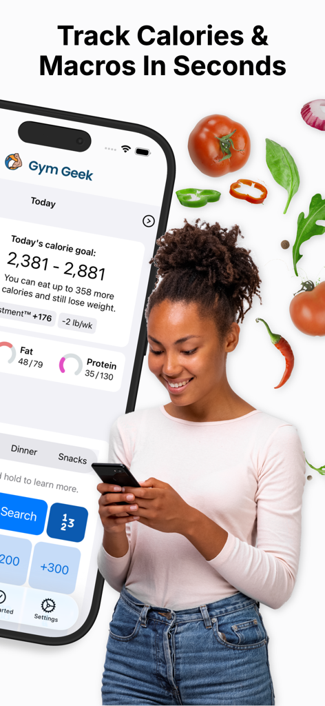 Gym Geek Calorie Counter - Uma mulher rastreando calorias e macronutrientes no aplicativo Gym Geek