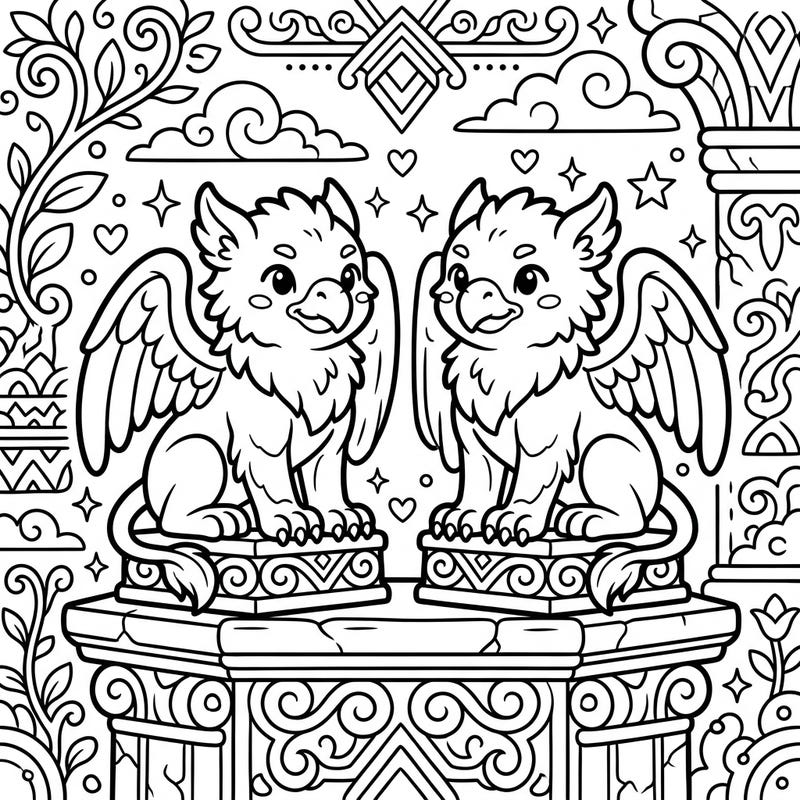 Unleash your creativity with this delightful coloring page featuring two adorable Kawaii Gargoyle Griffins. These charming mythical creatures, depicted as friendly stone guardians, await your vibrant touch.