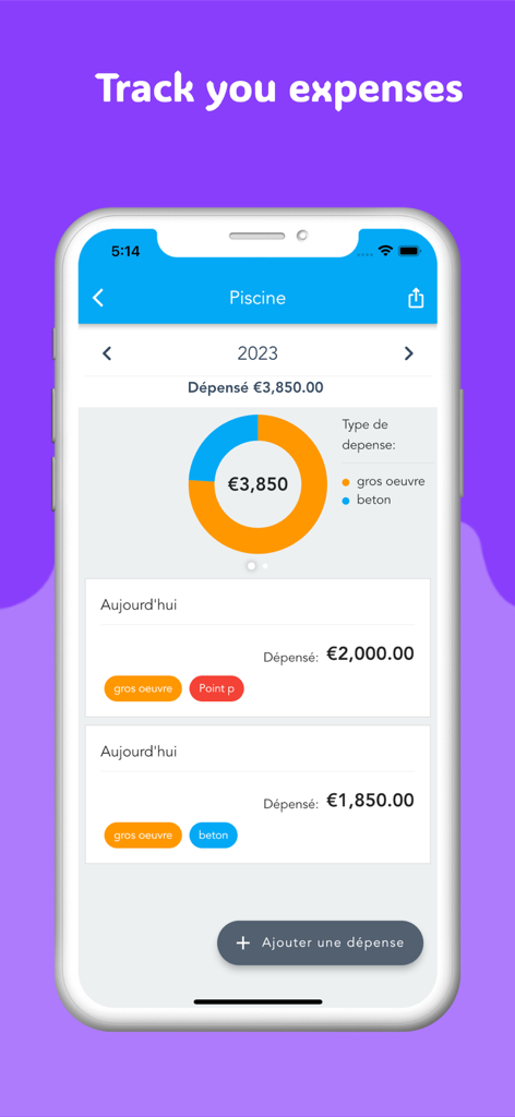 Construction Expense Manager - Mobile app dashboard showing construction project expenses with a budget breakdown chart and daily spending list