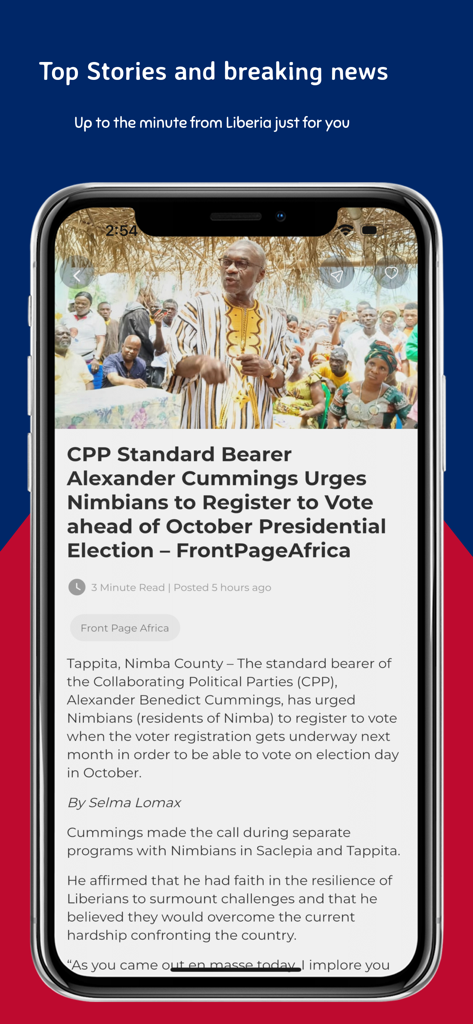 Liberia News Network (LNN) - 라이베리아 뉴스 네트워크 앱의 스크린샷으로 라이베리아 대통령 선거에 대한 뉴스 기사를 보여줍니다.