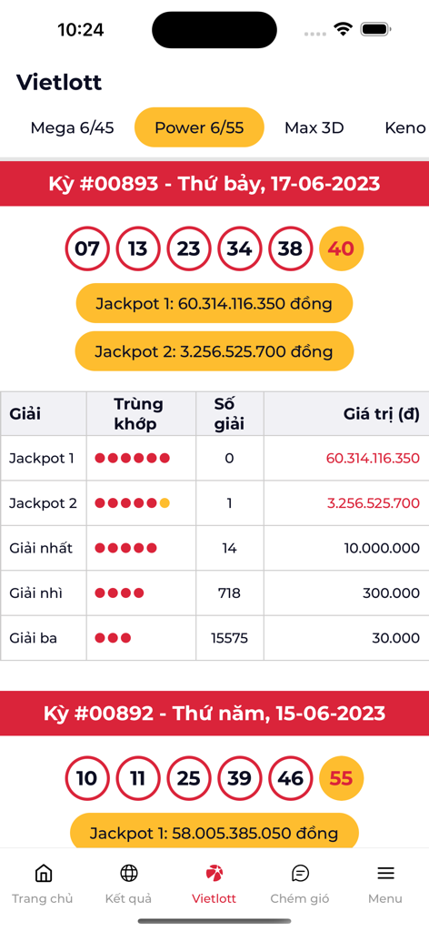 Kết quả xổ số XSMB, XSMN, XSMT - Vietlott Power 6 55 lottery results screen with winning numbers and prize values
