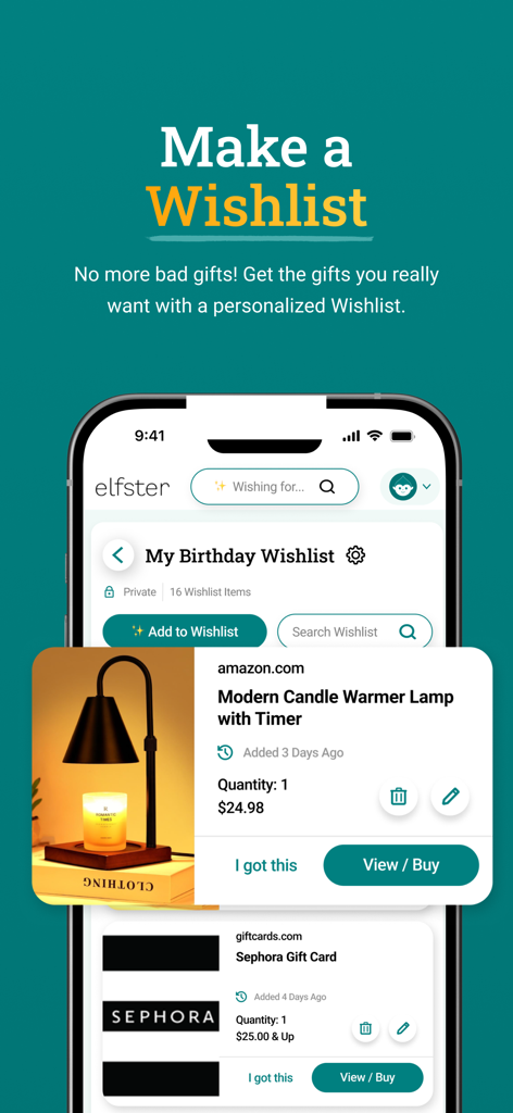 Schermata dell'app Elfster che visualizza una lista dei desideri di compleanno personalizzata con un scalda-candele da Amazon e una gift card Sephora