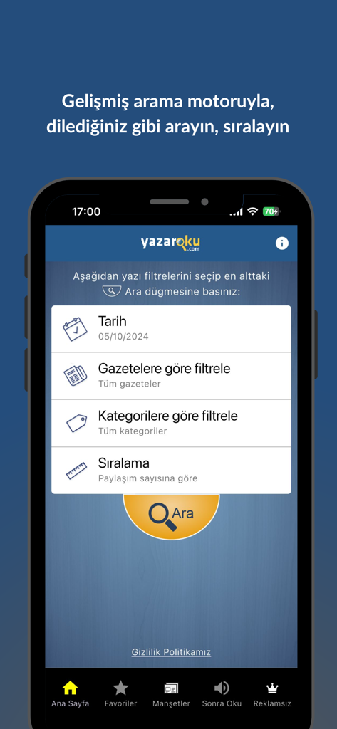 Köşe Yazarları - Yazaroku.Com - Search and filter interface of the Yazaroku app for Turkish columnists.