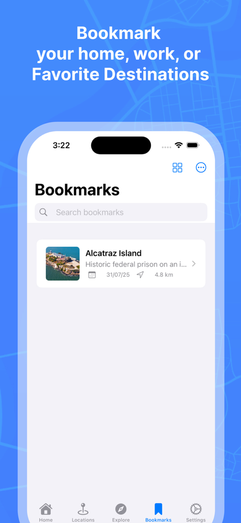 Interfaz de marcadores de la aplicación Horizon Maps 3D que muestra una ubicación guardada para la isla de Alcatraz
