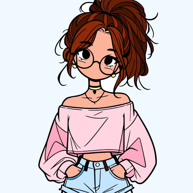 girl with a messy ponytail glasses a baggy crop top and jean shorts