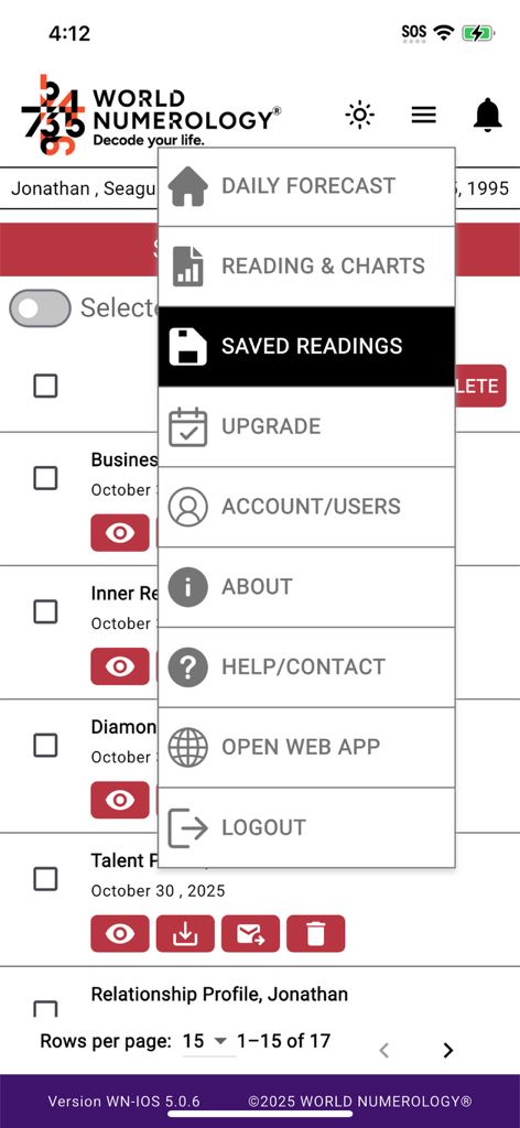 World Numerology Collection II - Navigation menu of the World Numerology Collection II app displaying options like Saved Readings and Daily Forecast