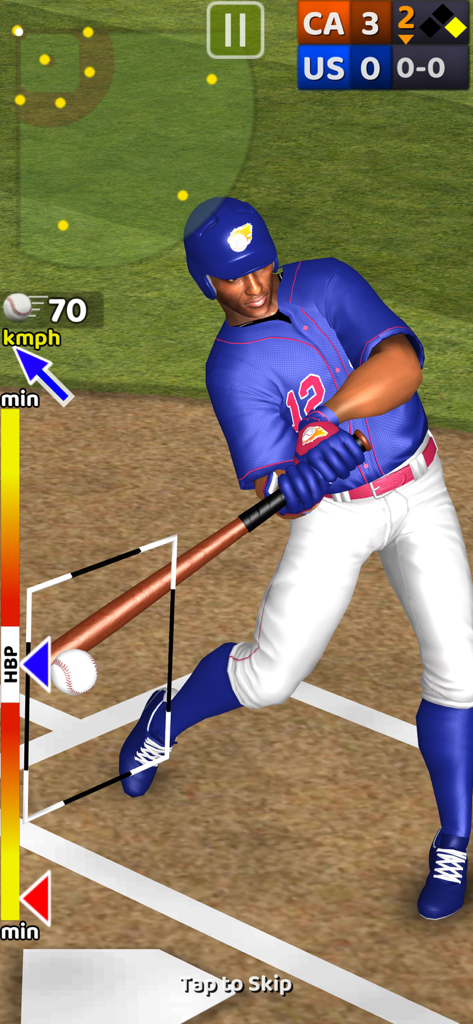 Baseball Game On: offline fun - Captura de pantalla de un juego de béisbol móvil que muestra a un bateador 3D con uniforme azul bateando una bola con elementos de interfaz de juego