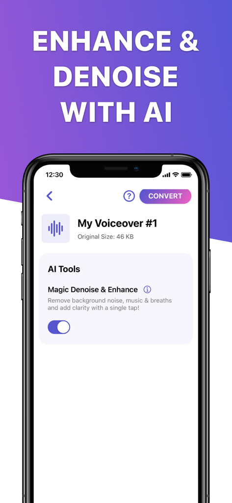 Screen showing AI Denoise and Enhance tools for a voiceover file in the Video 2 MP3 Converter app.