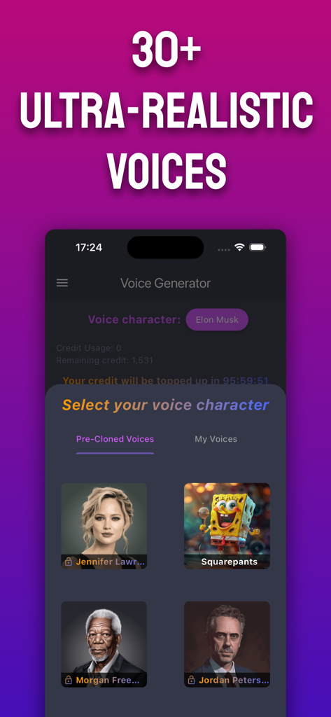 AI Voice Generator - SEDA - SEDA AI Voice Generator app screen showcasing ultra realistic celebrity voices for content creation