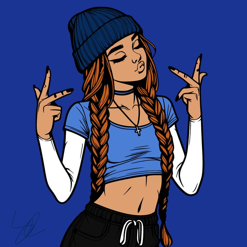 realistic teenage girl with braids and a beanie and crop top doing 🫶🏼