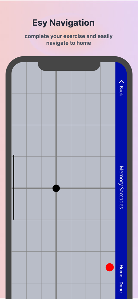 Interface of the Focus Builder app showing a coordinate grid for memory saccades eye exercises and a side navigation menu.