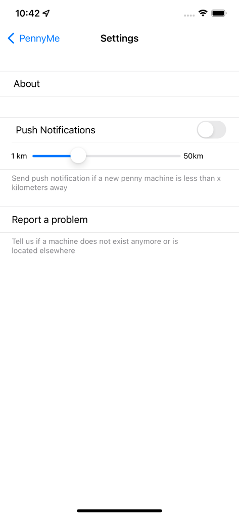 PennyLocator - The settings screen of the PennyLocator app showing push notification options and a proximity alert distance slider