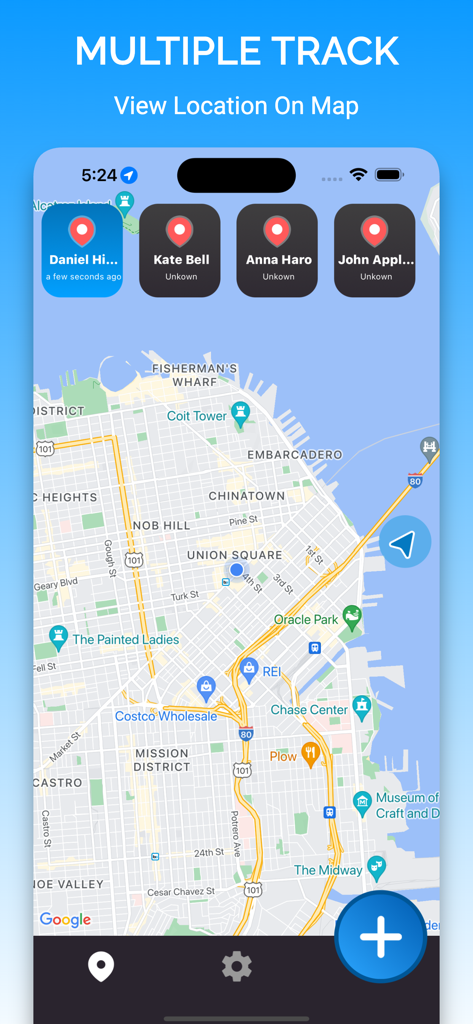 Interface do aplicativo Rastreador de Telefone mostrando várias pessoas sendo rastreadas simultaneamente em um mapa de GPS em tempo real.
