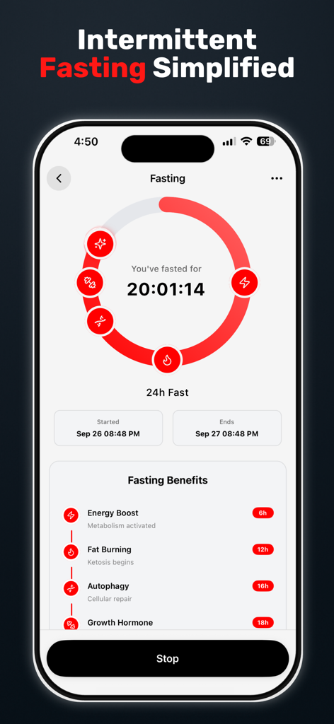 Bite AI: Photo Calorie Counter - Intermittent fasting timer and metabolic benefits screen in the Bite AI app