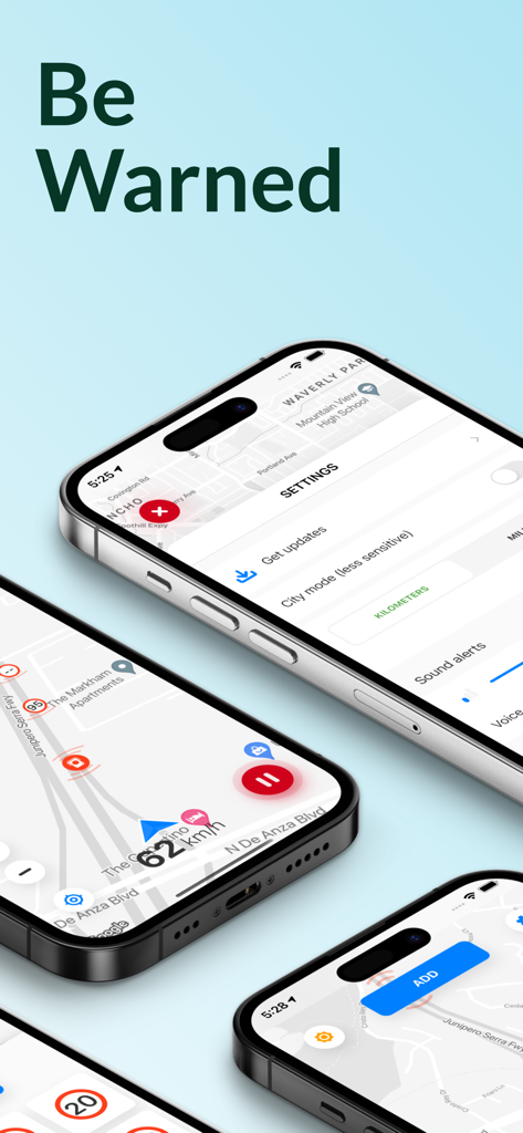 Speed Cameras Radar Detector - iPhone showing Speed Cameras Radar Detector app screens with navigation alerts and settings