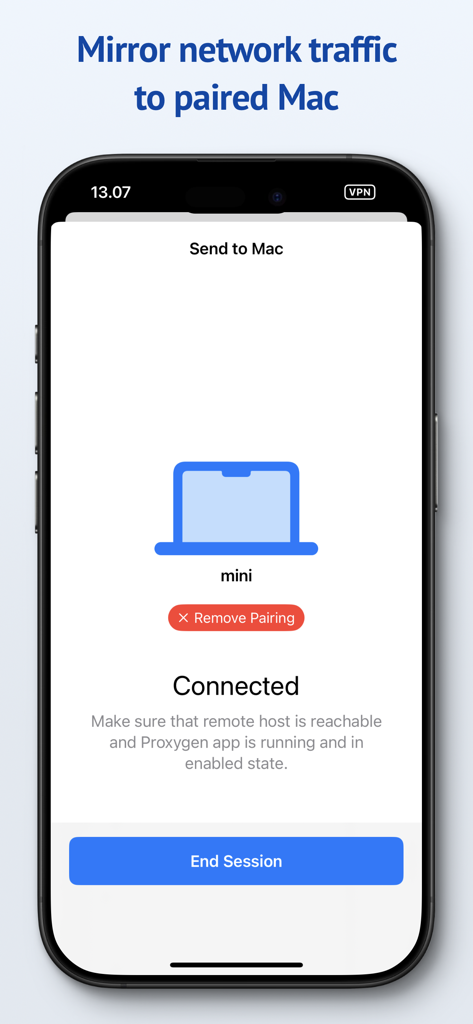 Proxygen app interface on iPhone showing a connected session to mirror network traffic to a paired Mac for debugging.
