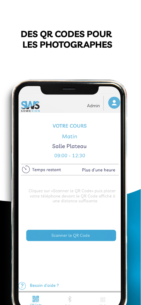 SWS Student app interface showing course details and a button to scan a QR code for digital attendance tracking.