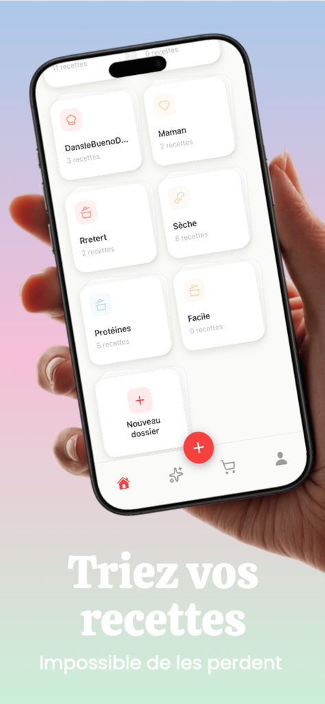 Oshii : Recettes des réseaux - Smartphone screen showing the Oshii app interface with folders for sorting social media recipes