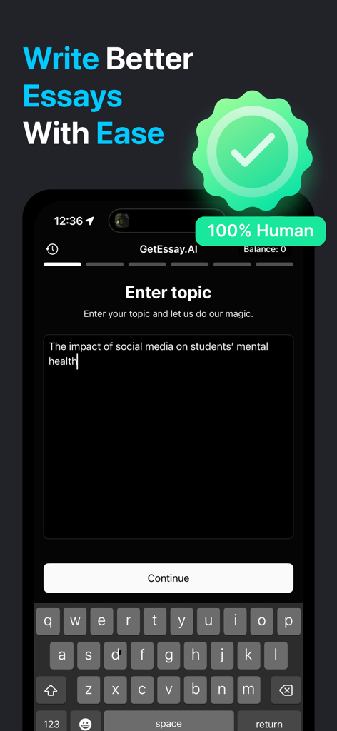 Essay Writer: GetEssay AI - Screenshot dell'app Essay Writer di GetEssay AI che mostra un utente che inserisce un argomento per un saggio con un badge di scrittura 100% umana