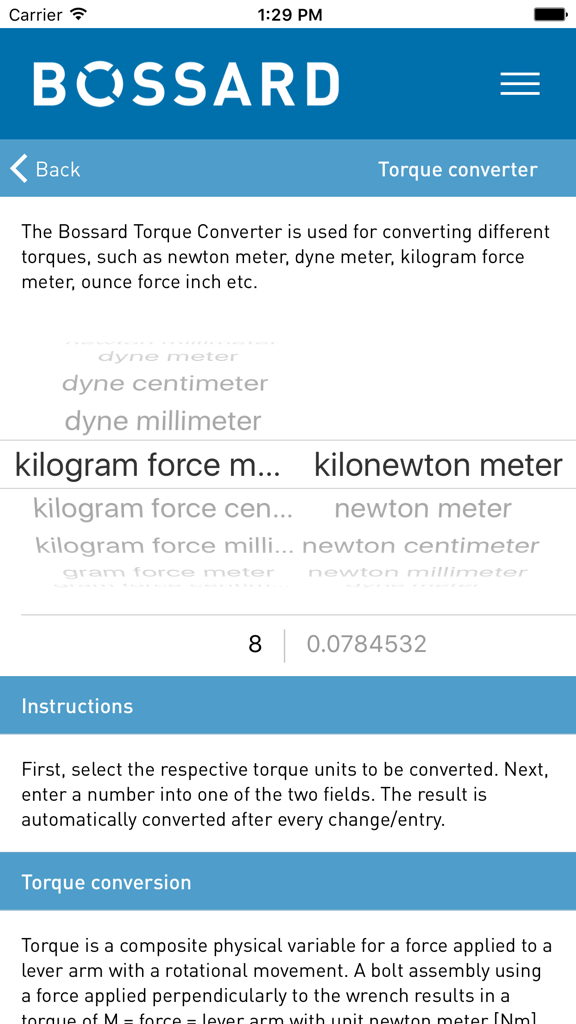 Interface of the torque converter tool within the Bossard Fastener Calc mobile application