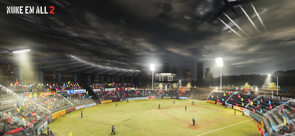 Nuke Em All 2 - A military bomber plane flying over a lit baseball stadium at night in Nuke Em All 2