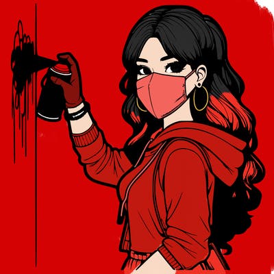 realistic girl with mask spray painting a wall