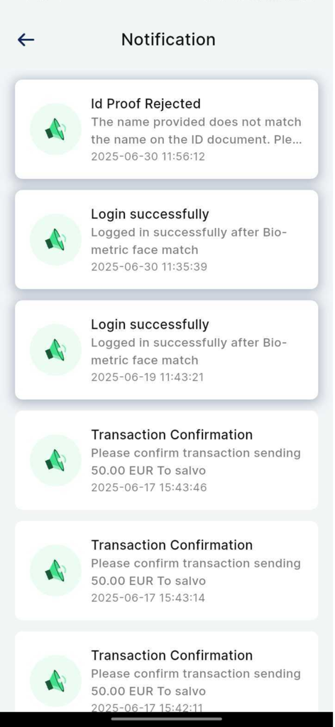 Codego KYC - Benachrichtigungsverlauf in der Codego KYC App mit Statusalarmen für ID-Prüfung und biometrische Logins