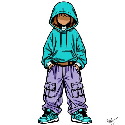 realistic girl with baggy jeans and a hoodie