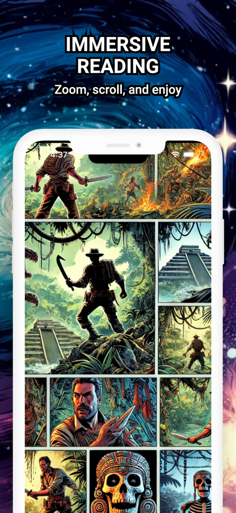 Tela do smartphone exibindo a interface do aplicativo ComiQuest com painéis de quadrinhos de aventura e texto de leitura imersiva